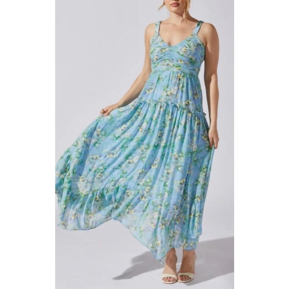 ASTR the Label XL Maxi‎ Dress Shirred V Neckline Spaghetti Straps Ruffled Tiers